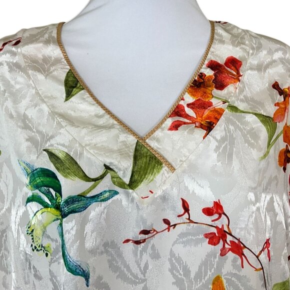 Mary McFadden Long Sleeve Floral Brocade V-Neck VTG Sleep Shirt Small - Picture 2 of 7